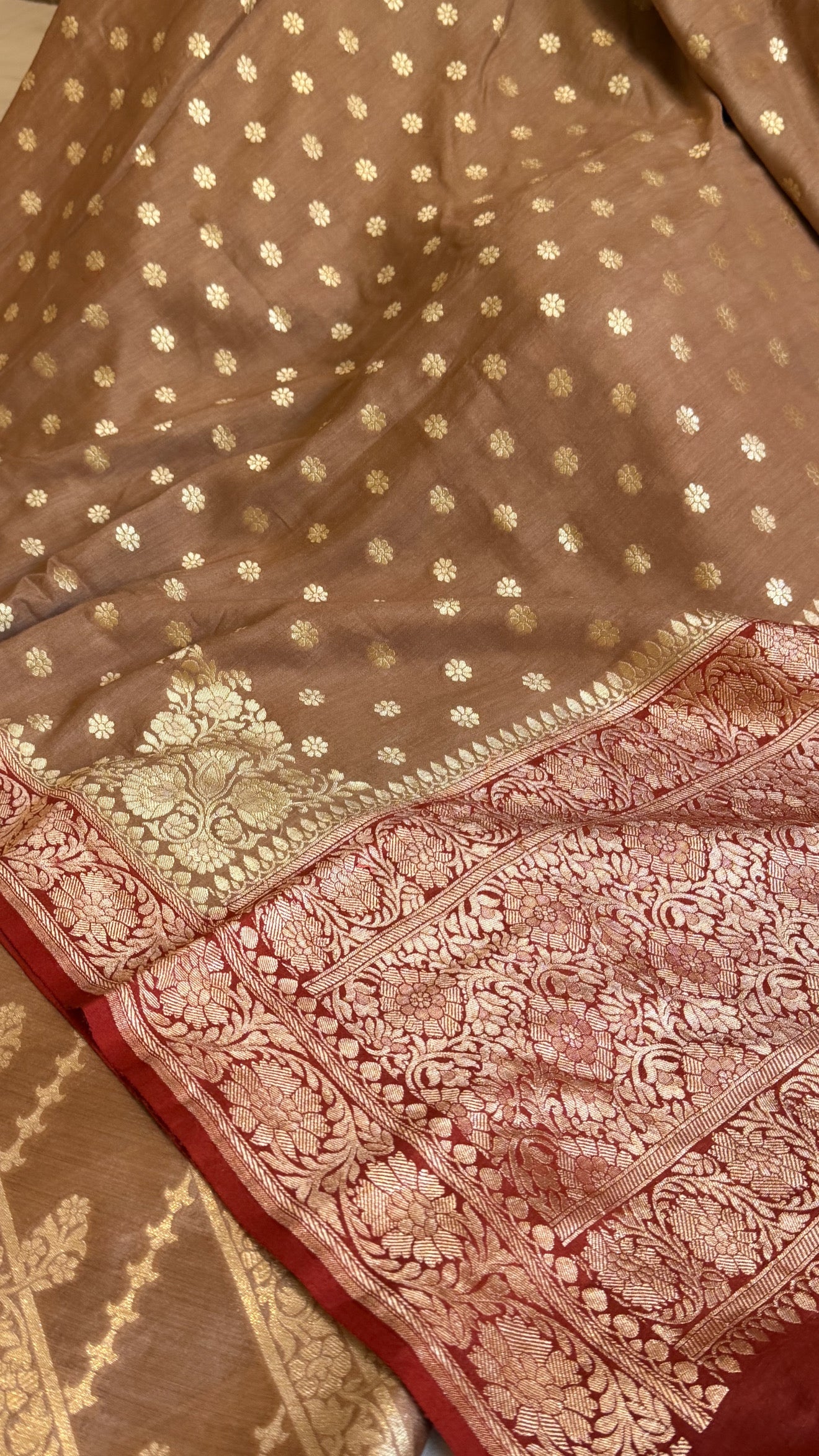 Banarasi rose brown-red chiniya silk kurta paired with moonga silk duppata set